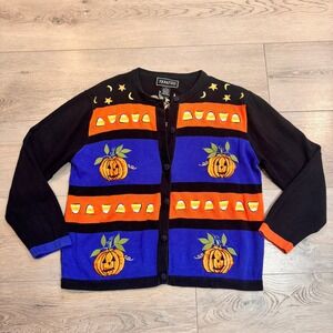 Vintage Terrazzo Womens Halloween Pumpkin Candy Corn Cardigan Sweater Medium M